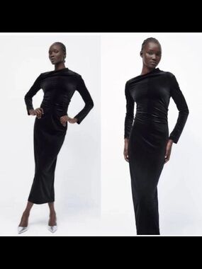 Zara Velvet Asymmetrical Neckline Long Dress. Size L.